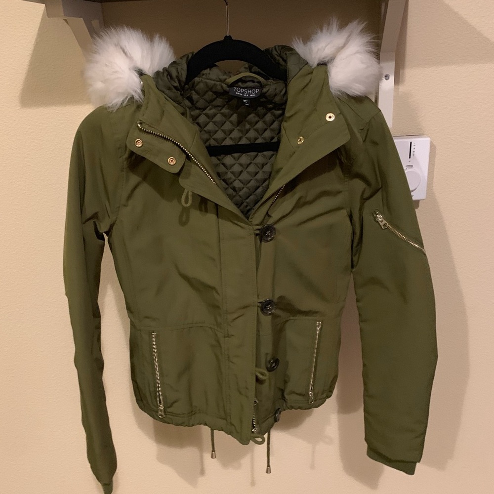 Topshop bomber anorak jacket with fur hood